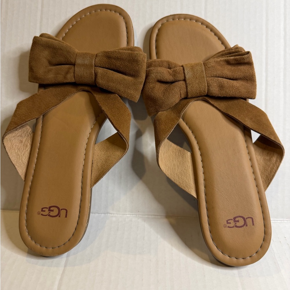 UGG Fonda Suede Slide Sandals Bow Thick Straps Chestnut 7.5 Brown